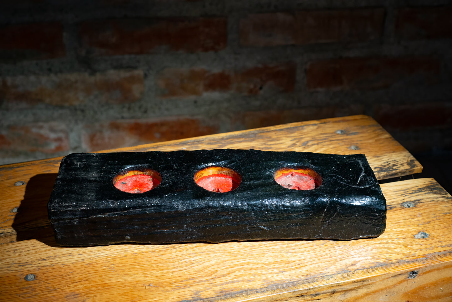 Rustic Triple Tealight Holder – Burnt Black Wood