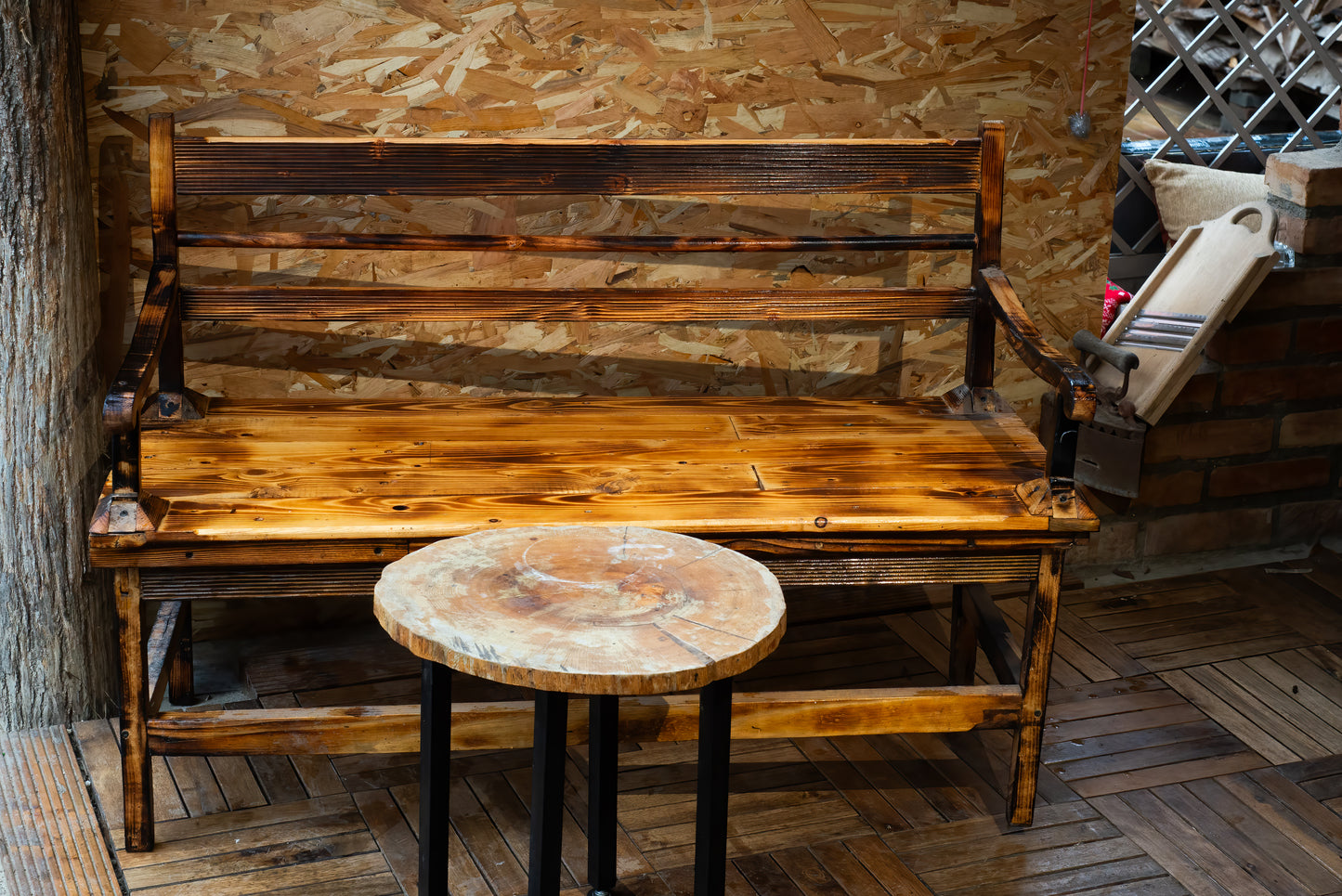 🪑 Rustic Wooden Bench – Burnt Pine Finish