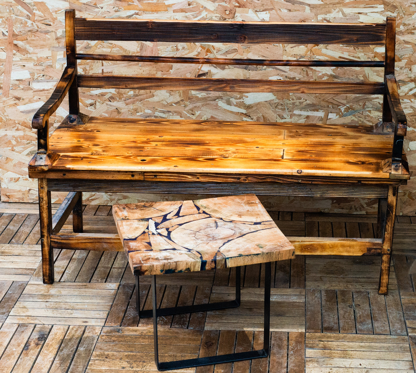 🪑 Rustic Wooden Bench – Burnt Pine Finish