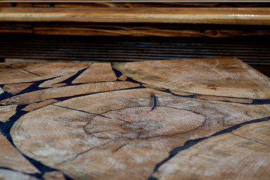 Cracked Resin Inlay Coffee Table – Live Wood Mosaic & Metal Legs