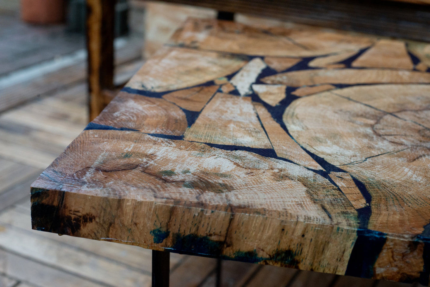 Cracked Resin Inlay Coffee Table – Live Wood Mosaic & Metal Legs