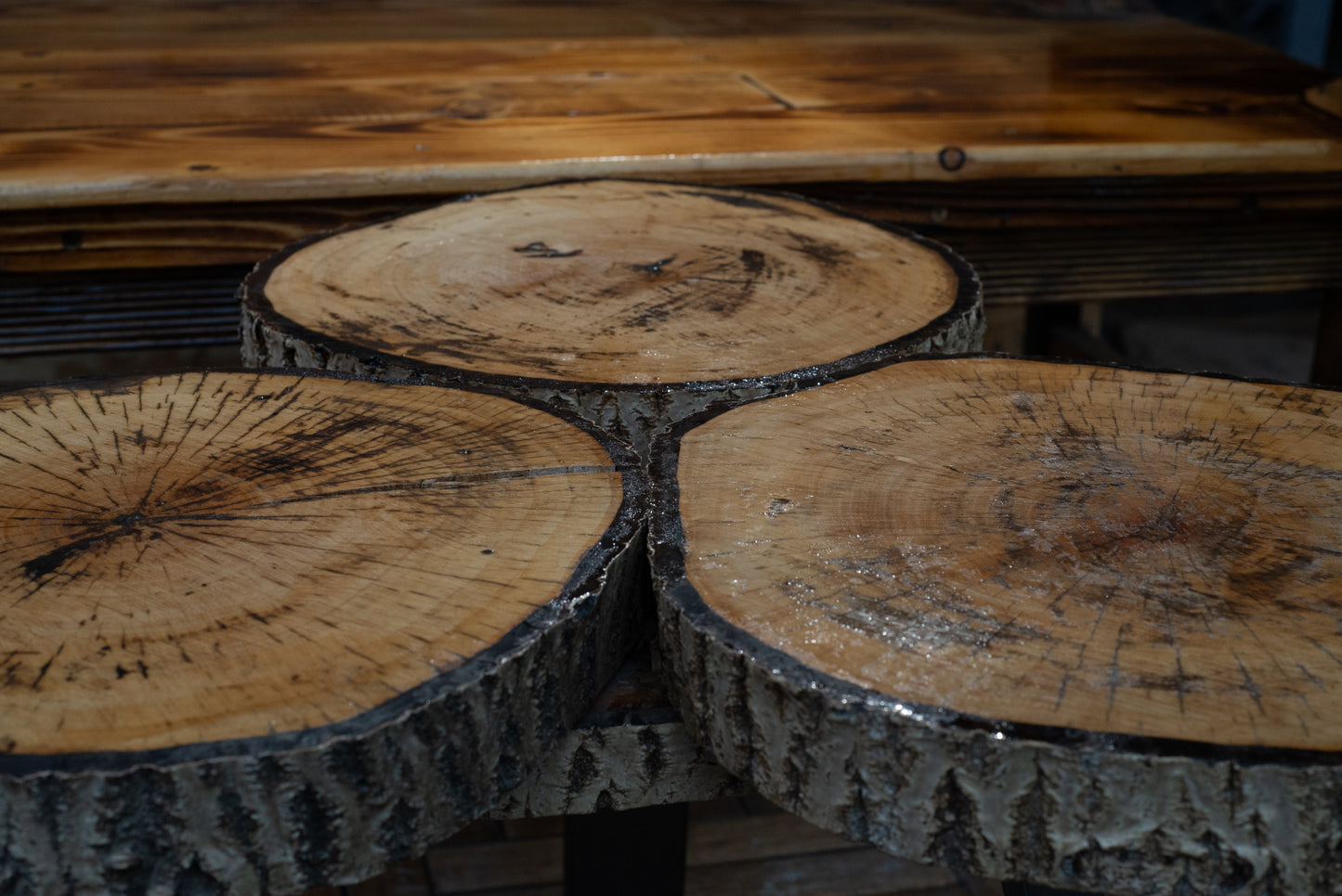 π² Triple Slice Solid Wood Table β Natural & Industrial Fusion