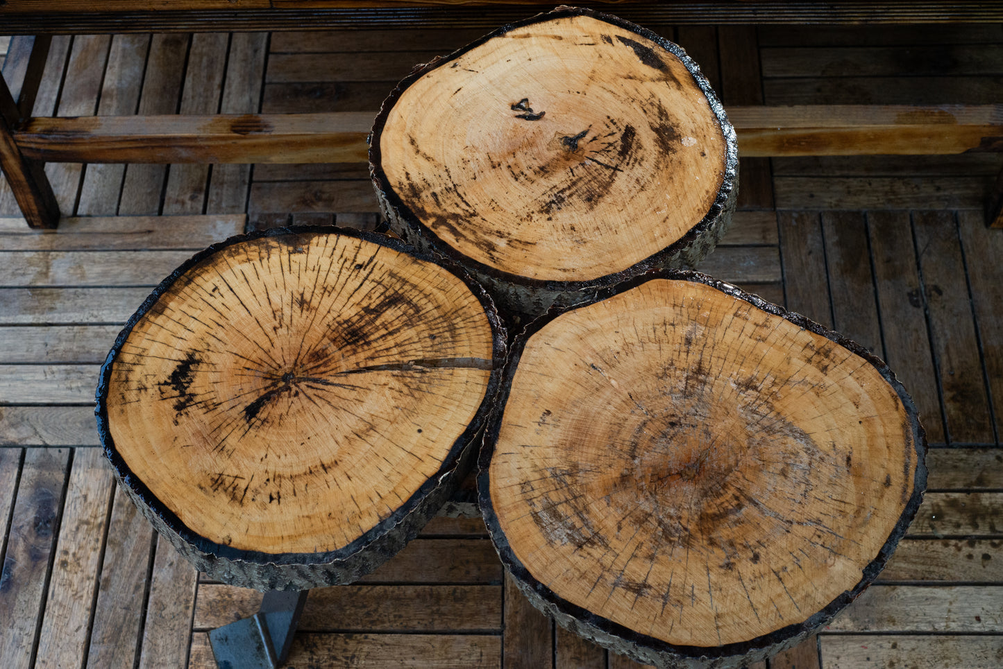 π² Triple Slice Solid Wood Table β Natural & Industrial Fusion