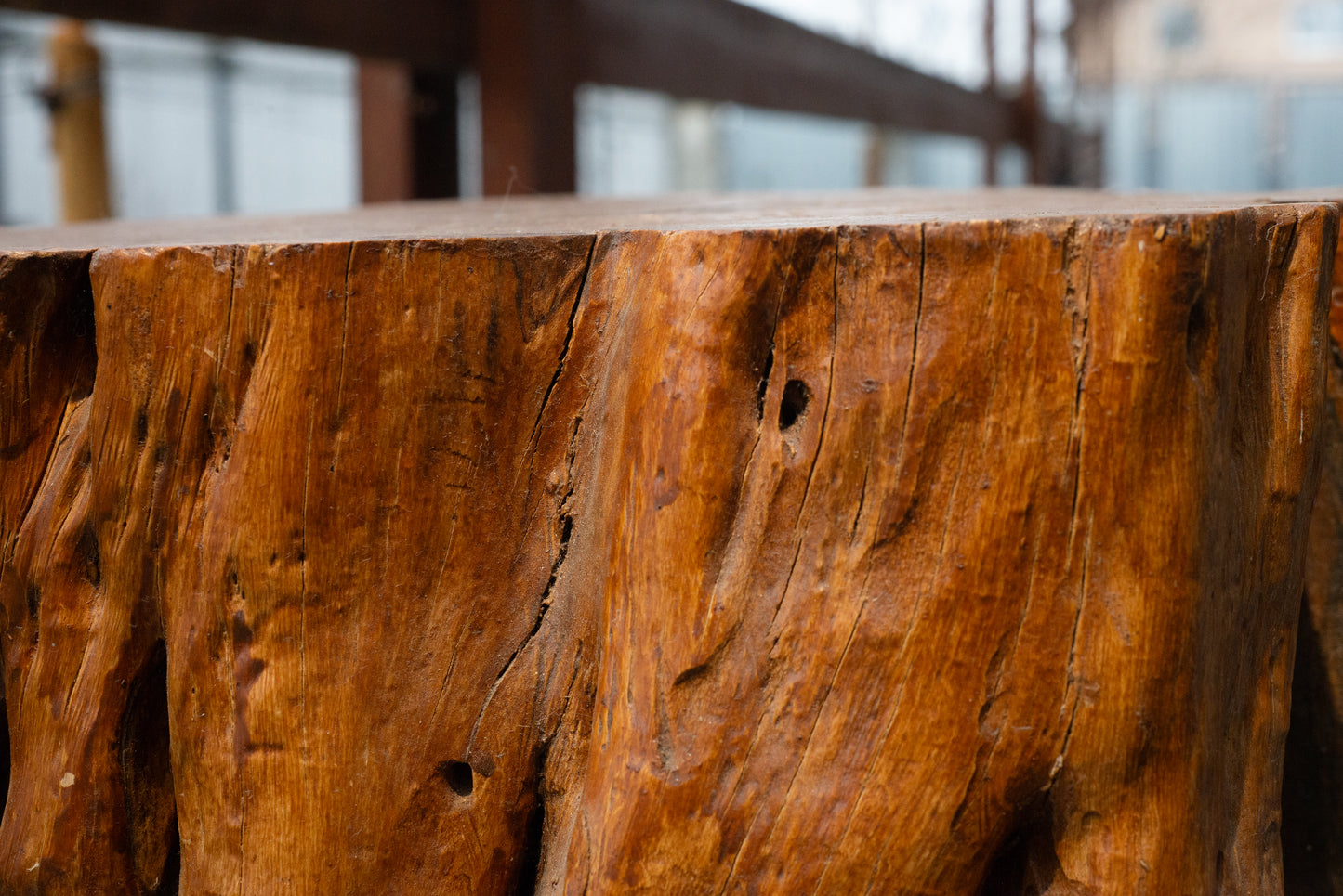 Rustic Solid Wood Side Table – Natural Tree Trunk with Iron Legs