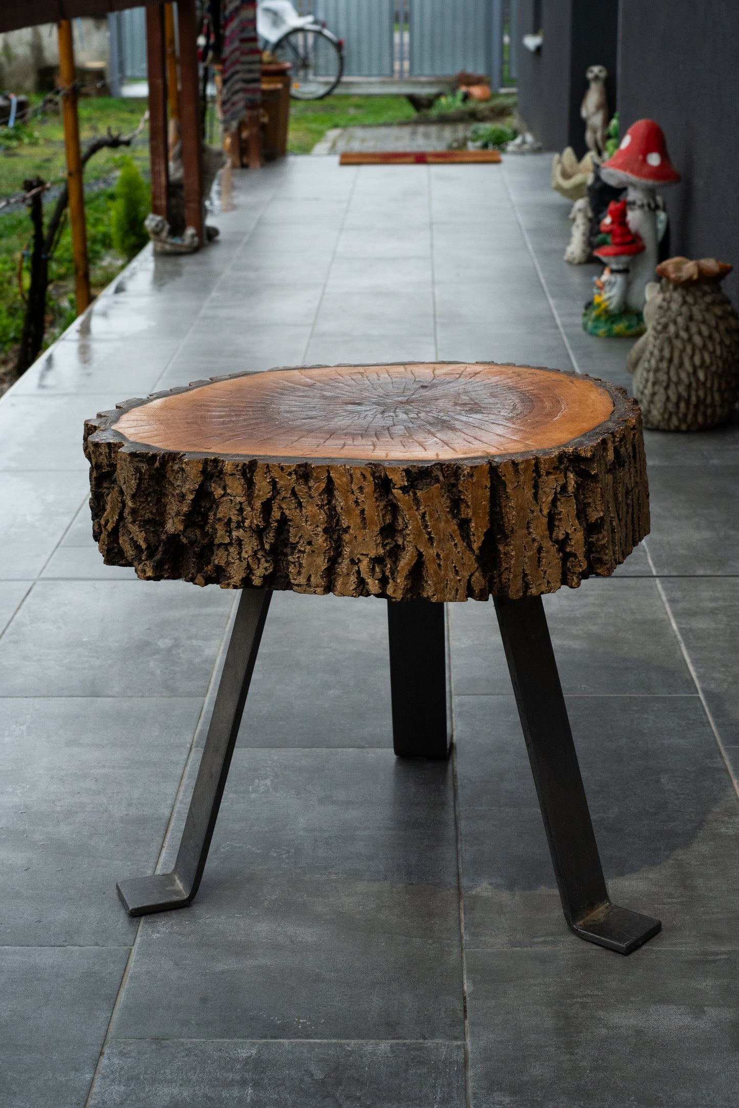 Rustic Tree Slice Side Table – Natural Bark Edge & Metal Legs