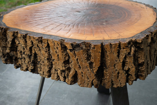 Rustic Tree Slice Side Table – Natural Bark Edge & Metal Legs
