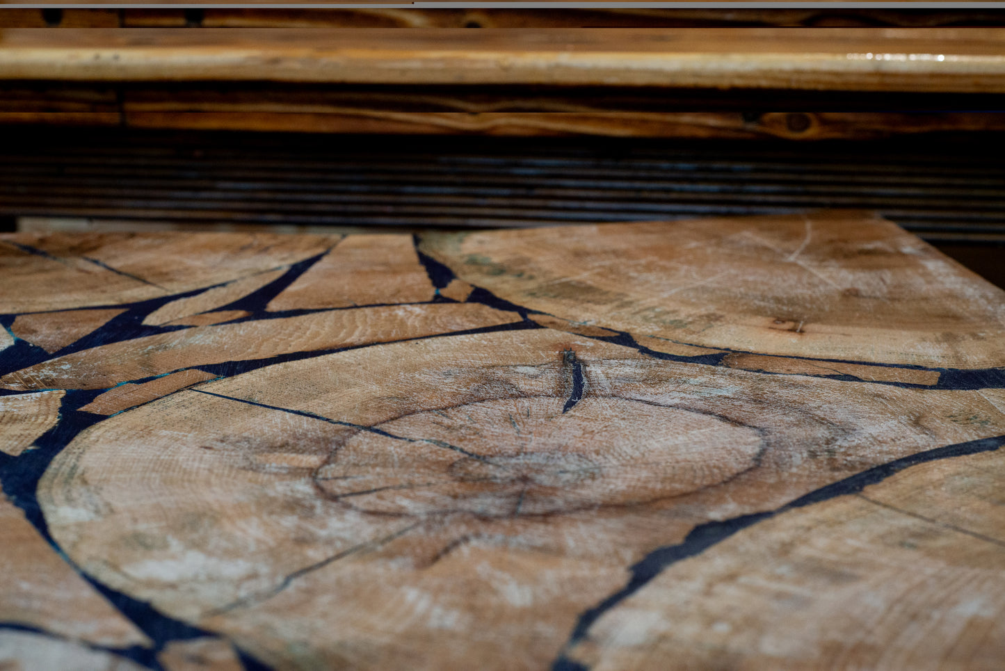 Cracked Resin Inlay Coffee Table – Live Wood Mosaic & Metal Legs
