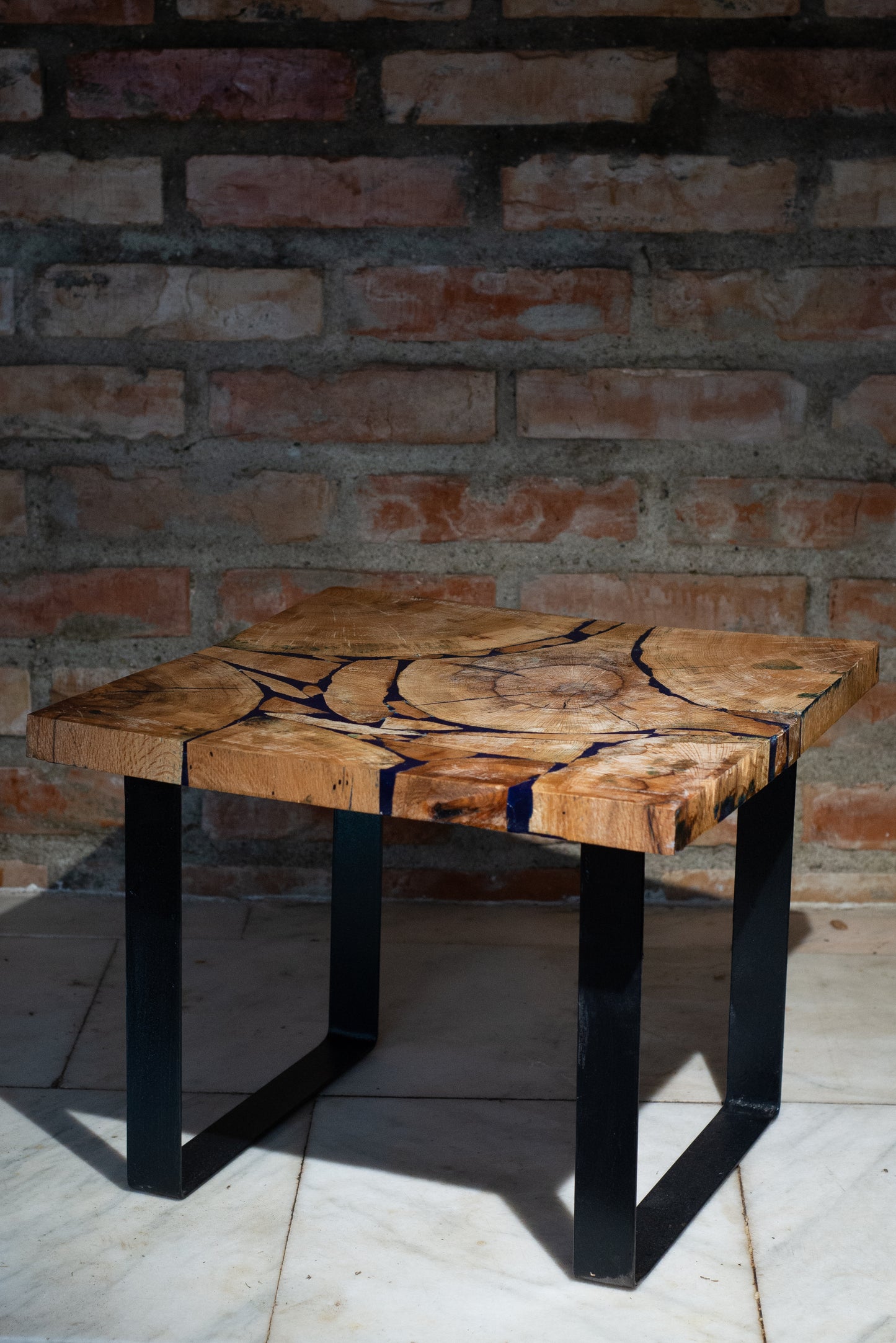 Cracked Resin Inlay Coffee Table – Live Wood Mosaic & Metal Legs